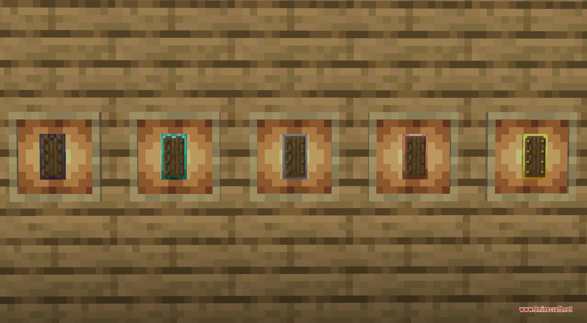 Tiered Shields Data Pack Screenshot 1 Five different shield tiers from the Tiered Shields Data Pack in item frames