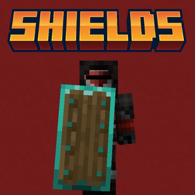 Tiered Shields Data Pack Screenshot 4 Minecraft character holding a diamond shield with a custom border on red background