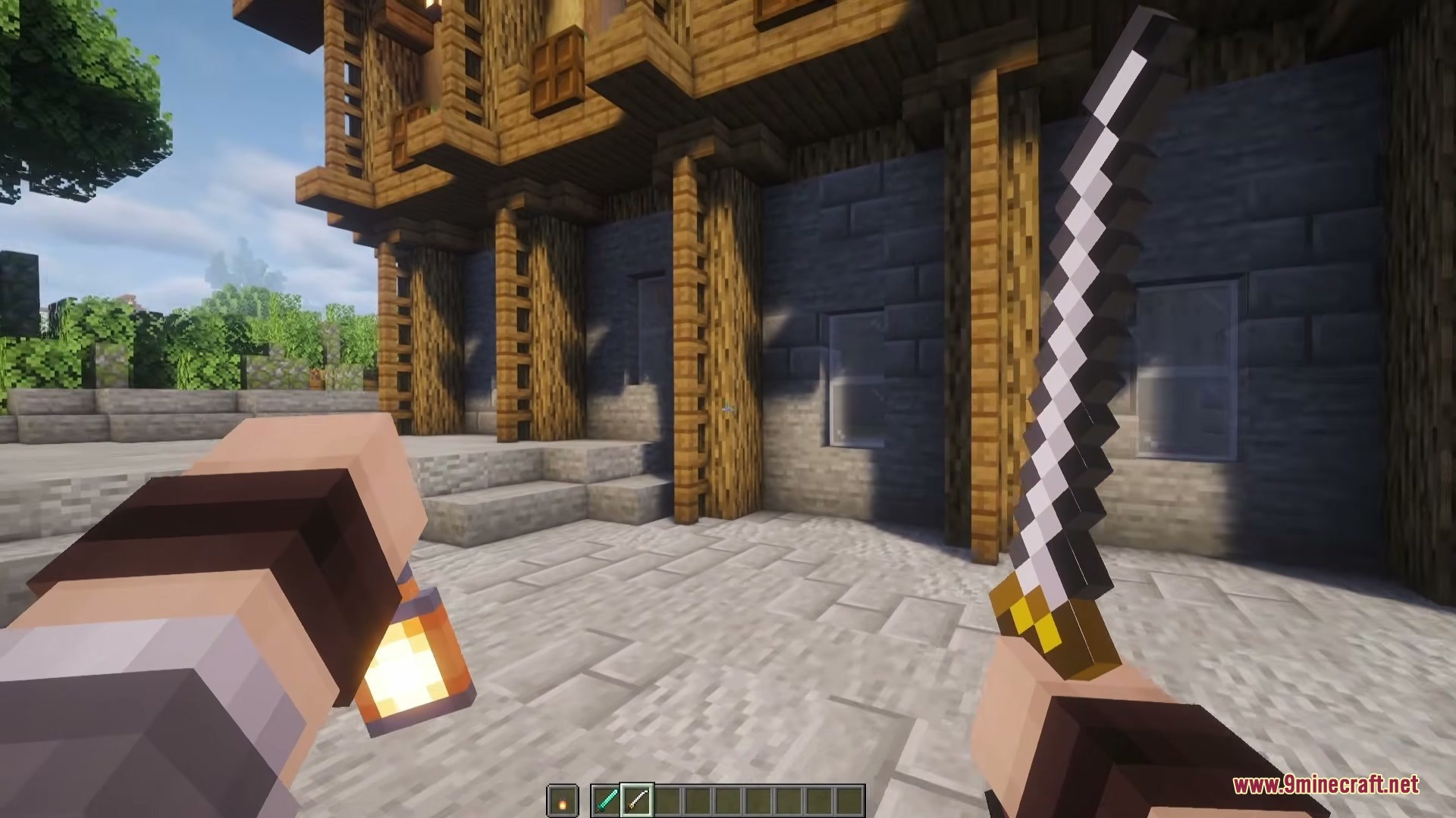 Tijon's Epic Punchy EF Punchy Mod Screenshot 1 A player holding a katana and a lantern in front of a wooden building