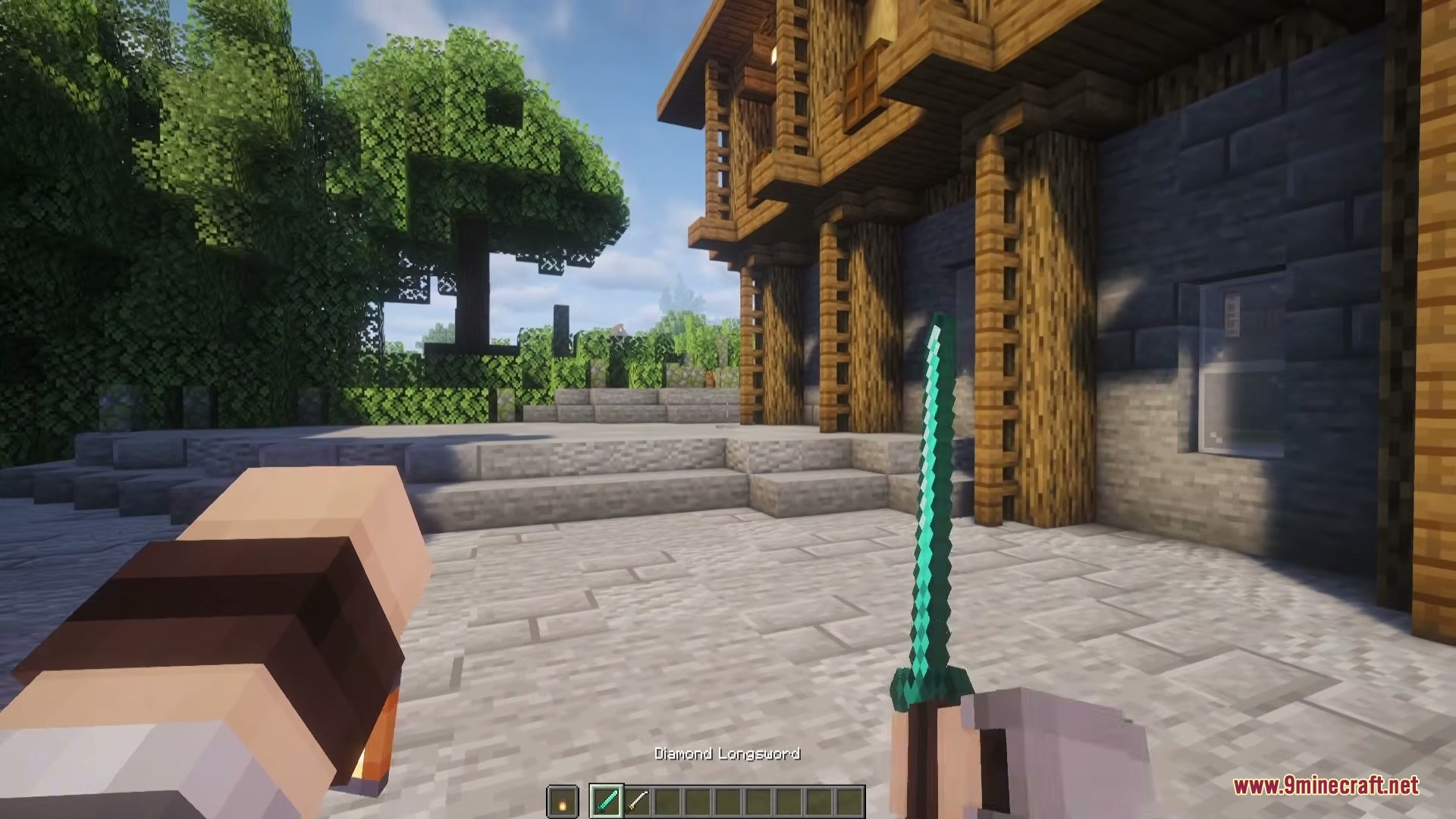 Tijon's Epic Punchy EF Punchy Mod Screenshot 2 A player holding a diamond longsword and a lantern in front of a house