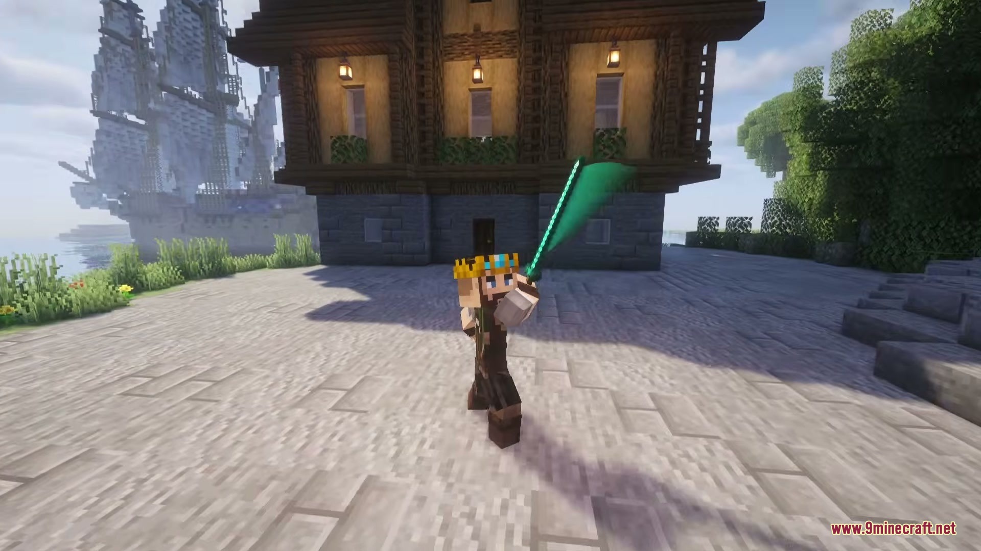 Tijon's Epic Punchy EF Punchy Mod Screenshot 3 A Minecraft character with a crown holds a glowing green sword in third person