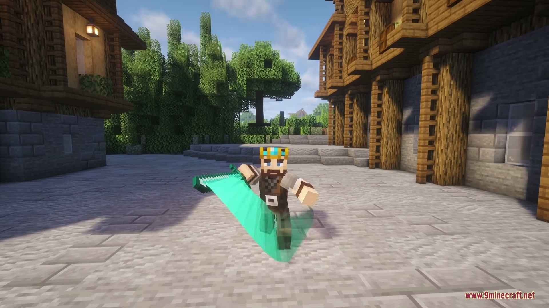 Tijon's Epic Punchy EF Punchy Mod Screenshot 4 A Minecraft character performs a sweeping attack with a glowing green sword trail
