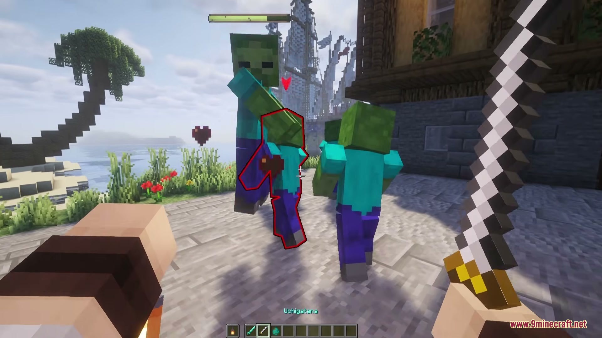 Tijon's Epic Punchy EF Punchy Mod Screenshot 5 A player battles multiple zombies with a sword in a coastal village