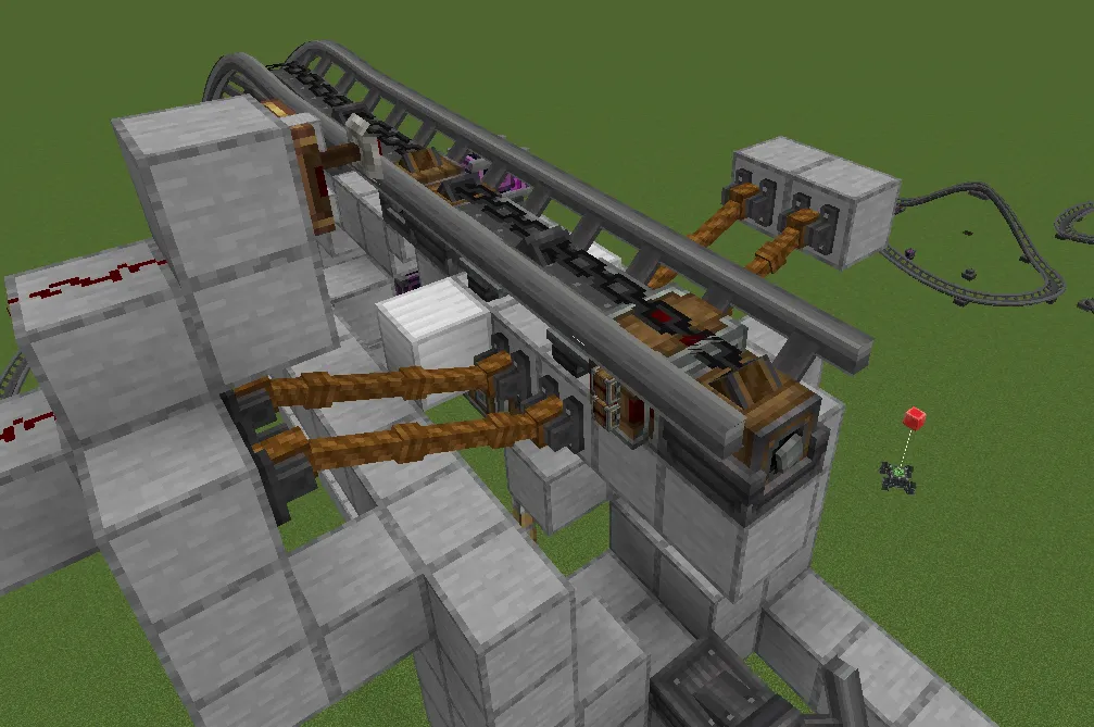 Tilt Coaster Mechanism Schematic Screenshots 1 Close up view of mechanical pistons and chains on a coaster track