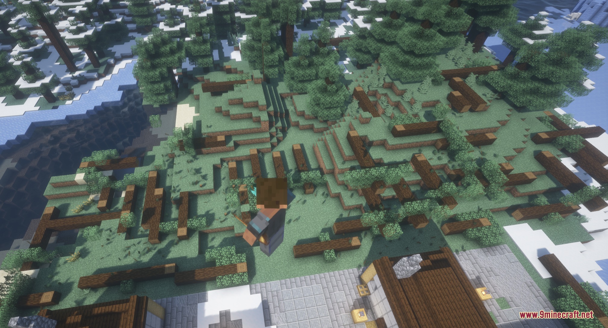Timber Gravity Pulse Mod Screenshot 3 A player character observes many fallen tree trunks in a snowy Minecraft forest