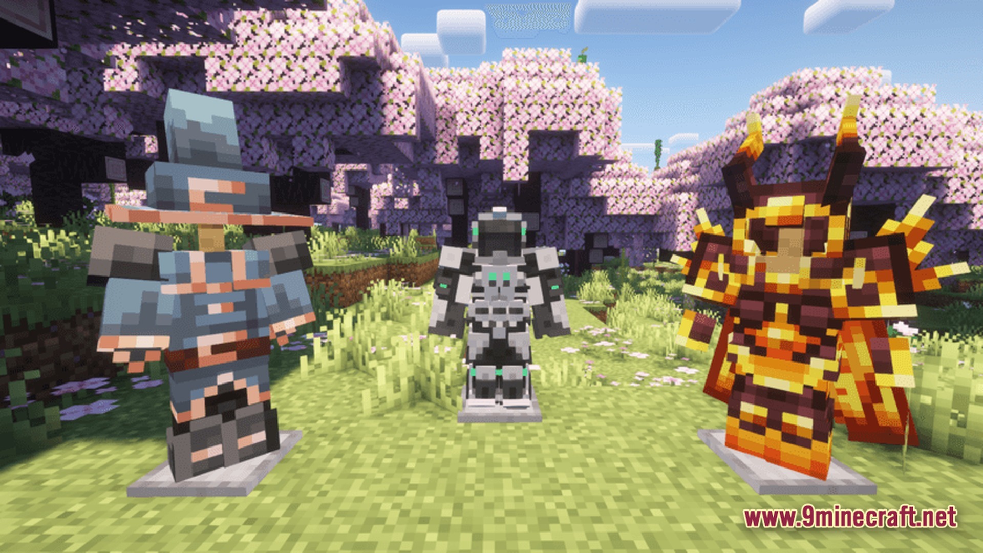 Three sets of custom armor displayed on stands within a cherry blossom forest biome