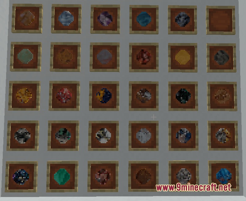 Tm Tmc Ores and More Mod Screenshot 2 Rows of colorful raw ores and gems showcased in item frames