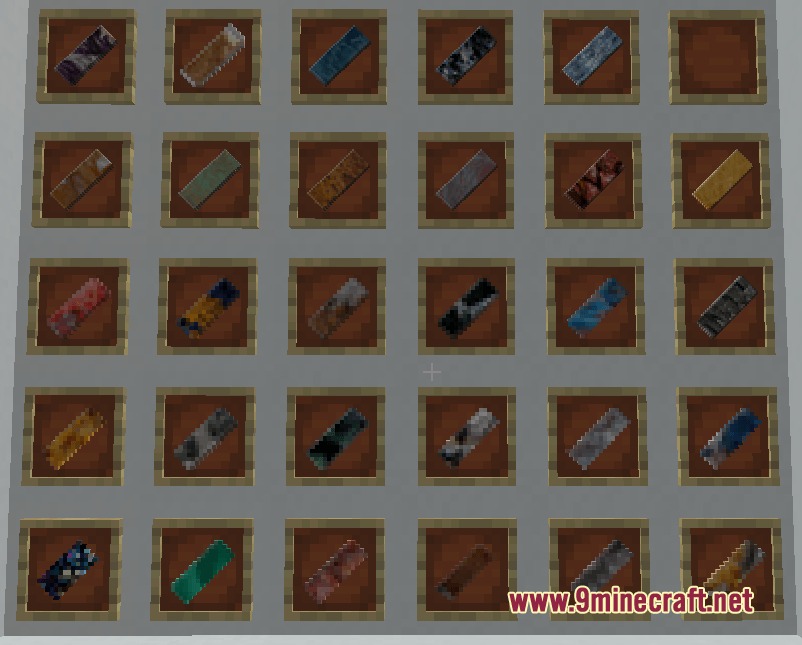 Tm Tmc Ores and More Mod Screenshot 3 A grid of item frames displaying various colored leather strips and materials