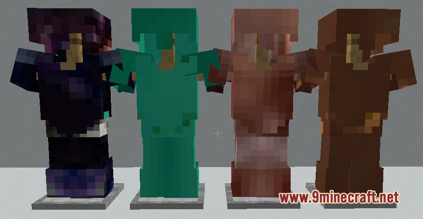 Tm Tmc Ores and More Mod Screenshot 4 Four armor stands showcasing different colored armor sets in a row