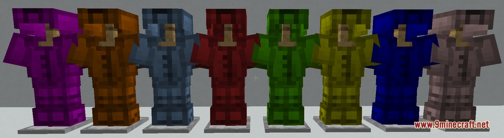 Tm Tmc Ores and More Mod Screenshot 5 Eight armor stands showcasing various brightly colored armor sets in Minecraft