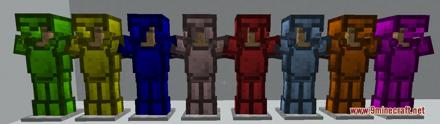 Tm Tmc Ores and More Mod Screenshot 6 A row of armor stands displaying different colored sets of protective gear