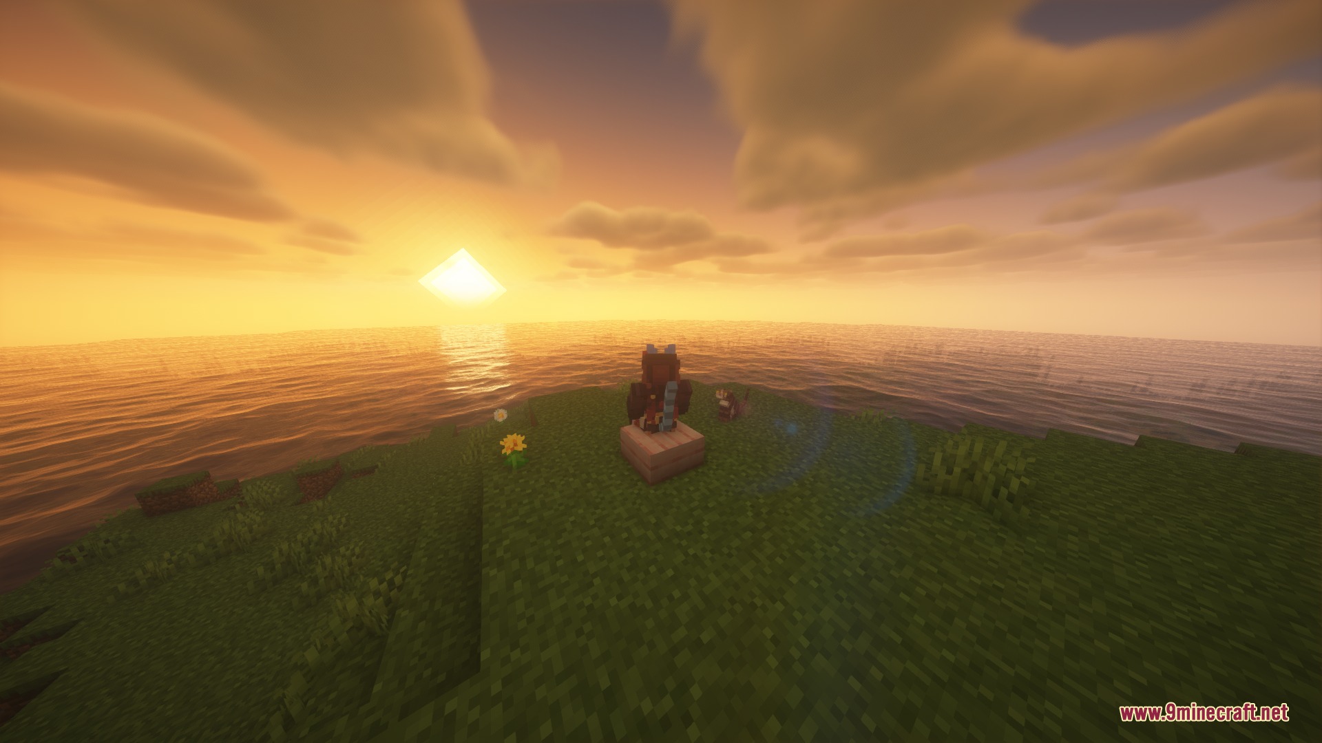 To Neko Mod Screenshot 1 A character sitting on a block watching the sunset over the ocean