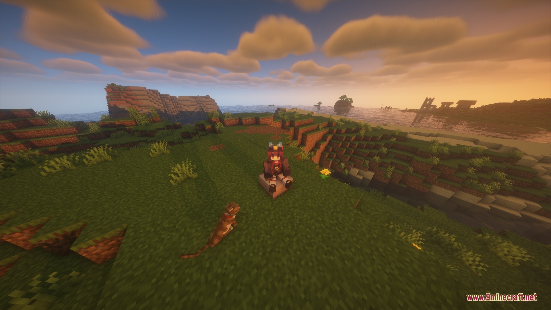 To Neko Mod Screenshot 2 A character with cat ears sitting on a block next to a cat