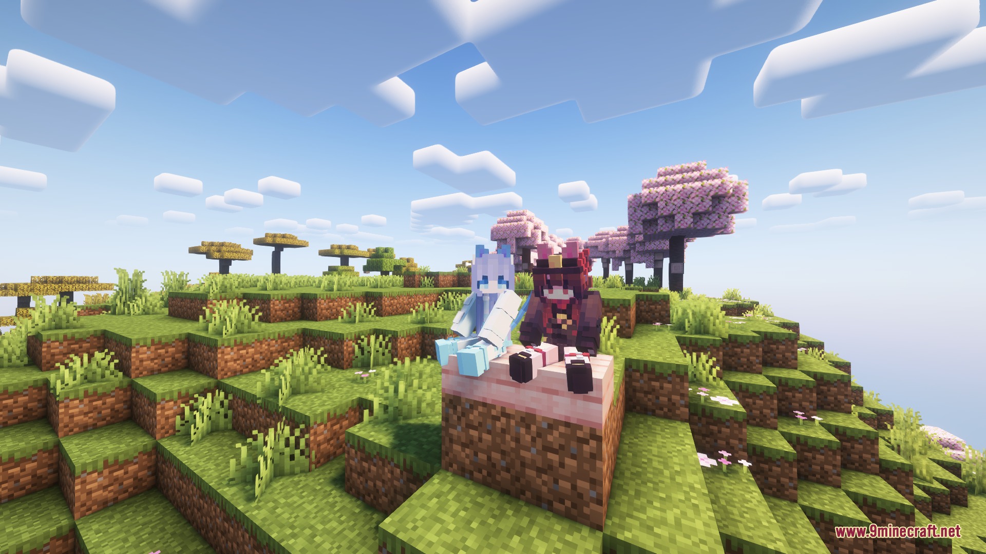 To Neko Mod Screenshot 4 Two catgirl characters sit on a grass block in a cherry grove