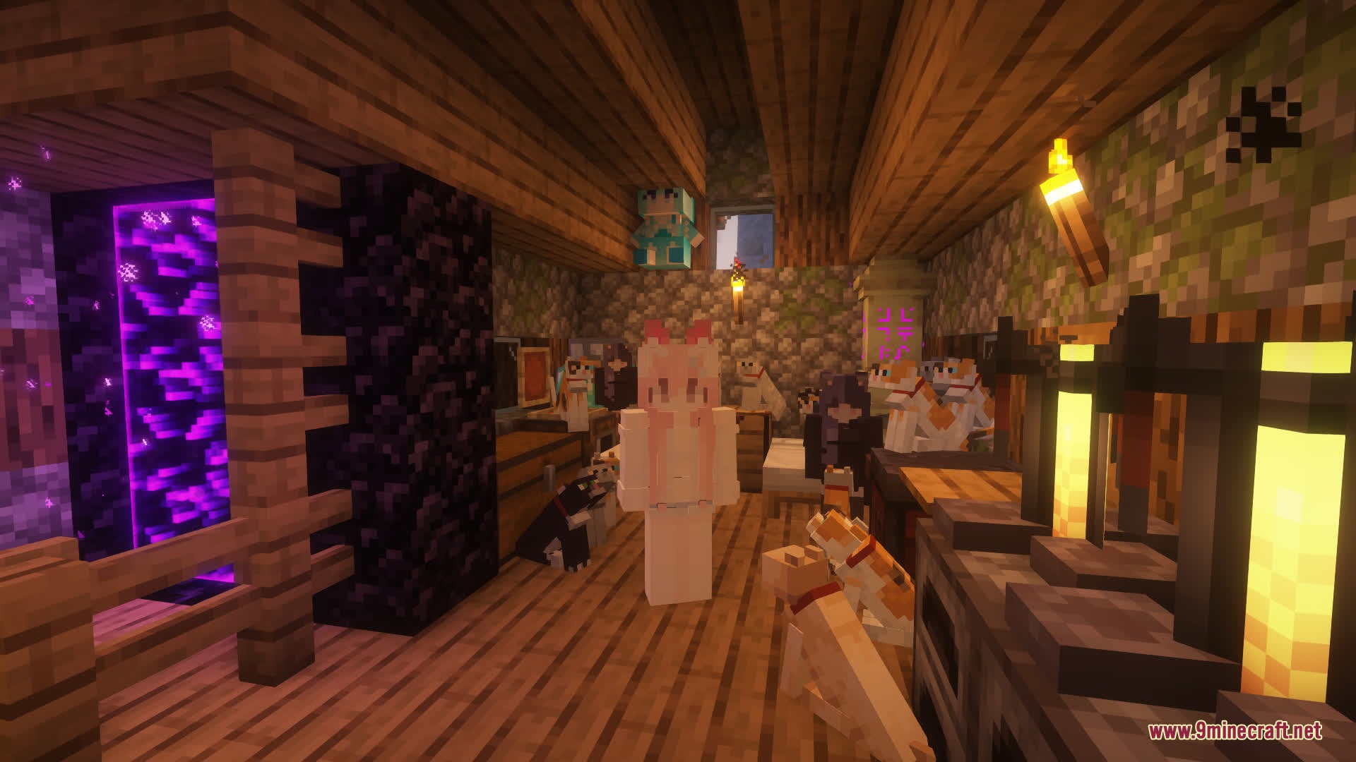 To Neko Mod Screenshot 6 A player stands among several cat NPCs in a room with a Nether portal