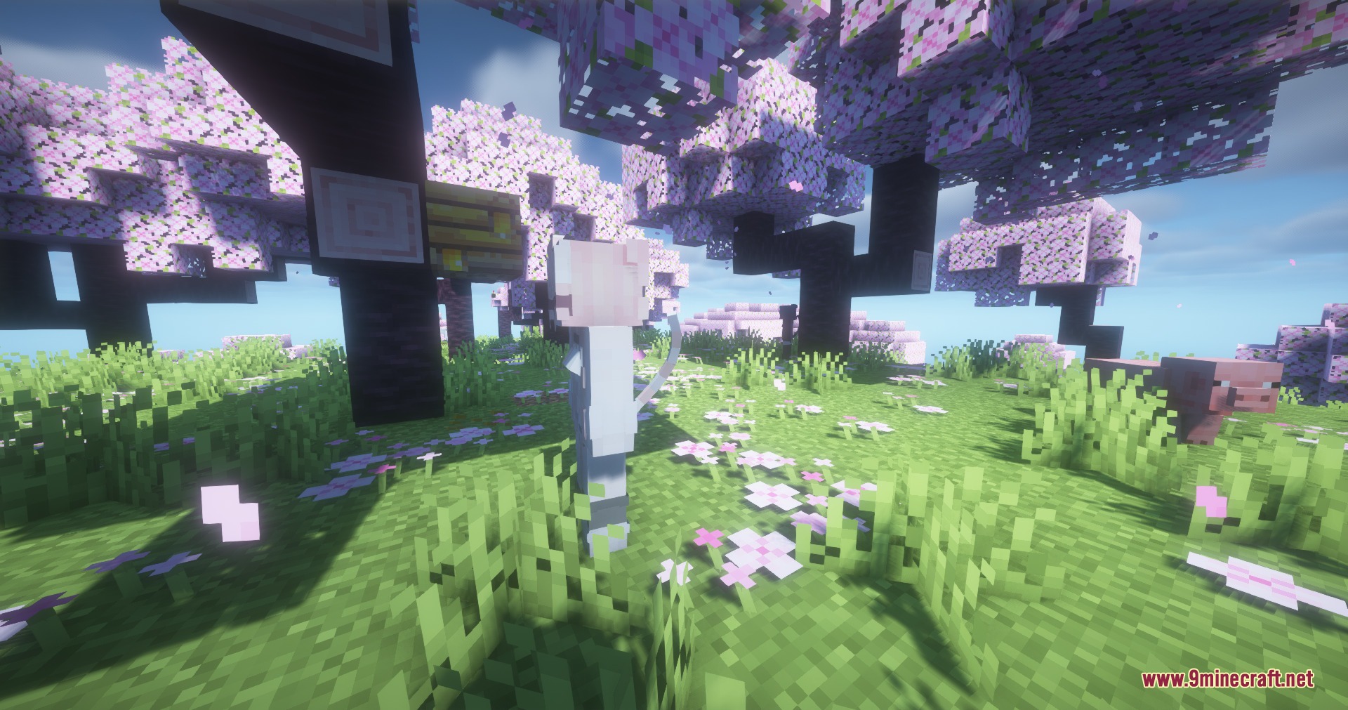 To Neko Mod Screenshot 7 A catgirl character stands in a cherry blossom forest in To Neko Mod