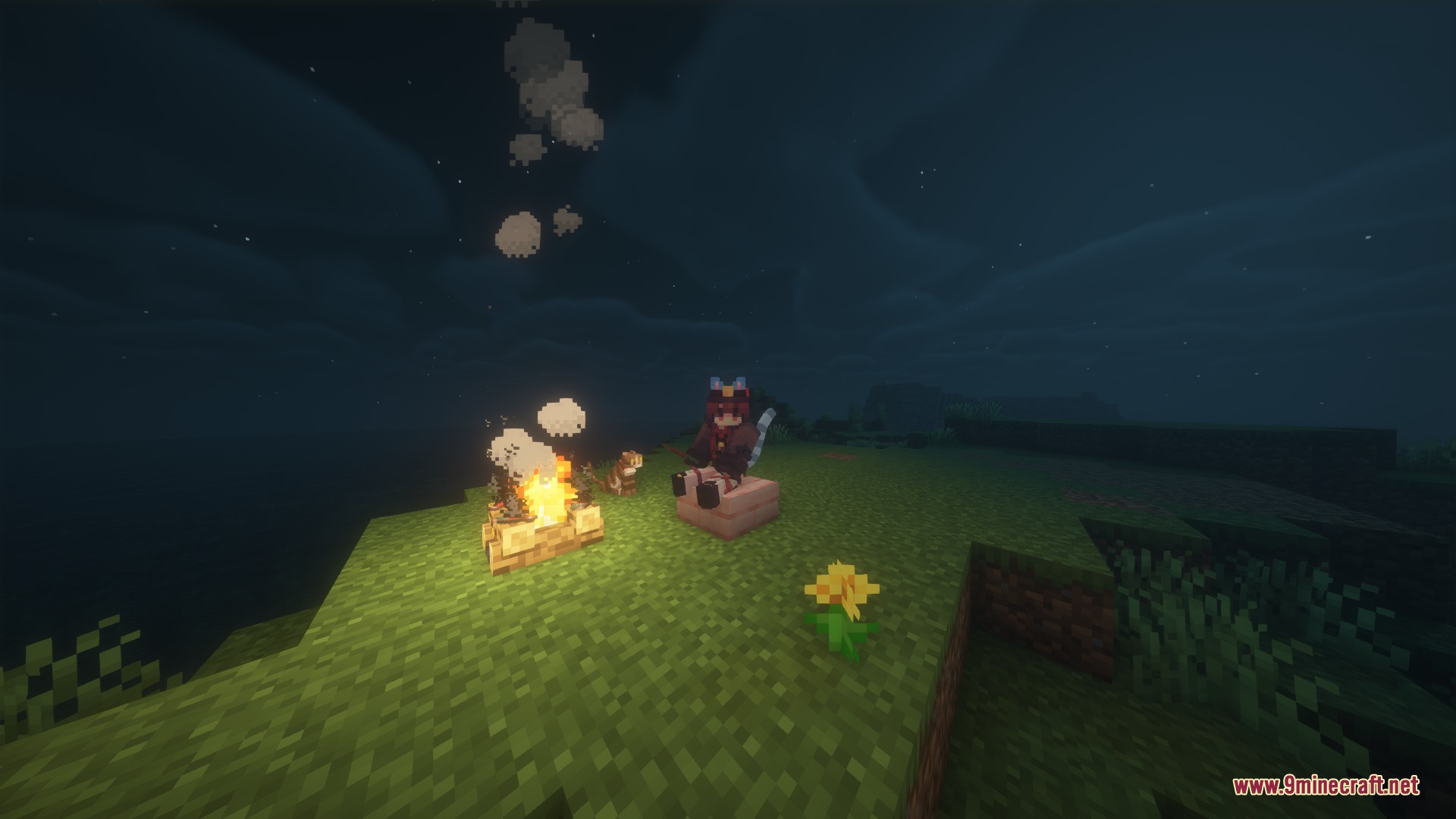 To Neko Mod Screenshot 8 A catgirl character sits by a warm campfire during a dark night