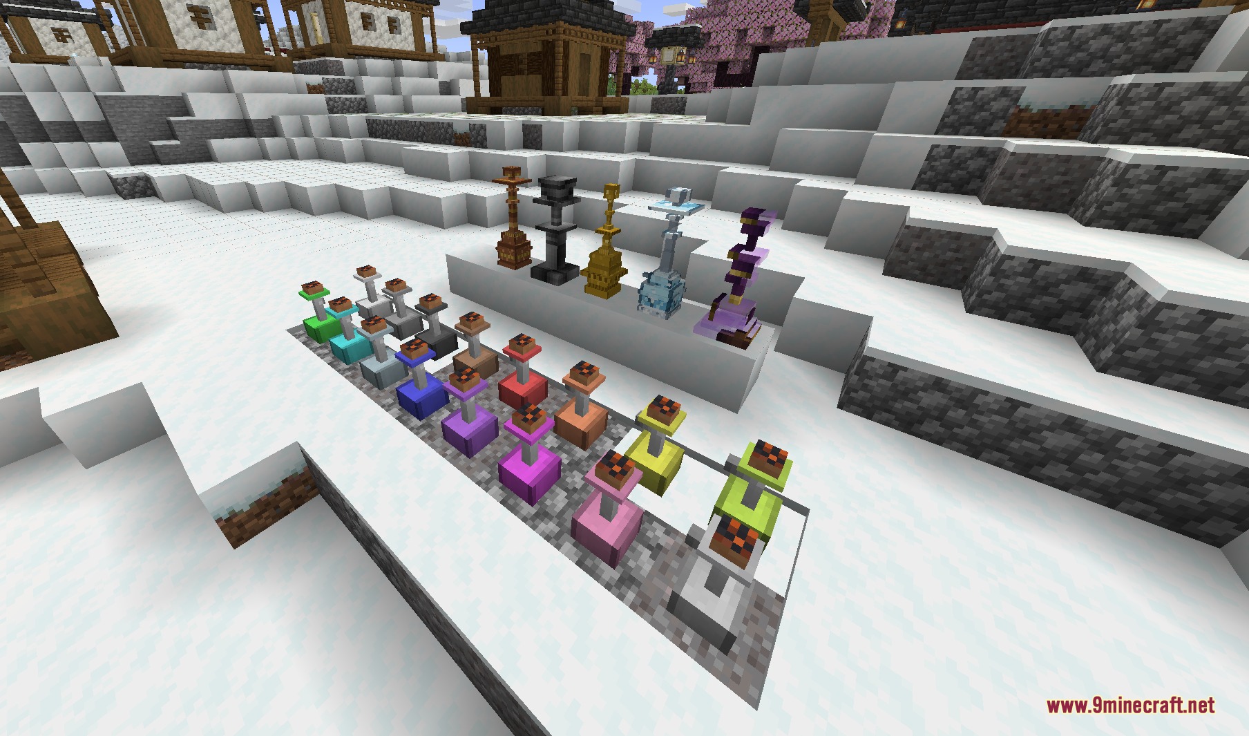 Tobacconist Mod Screenshot 2 A collection of colorful hookahs and smoking pipes displayed in the snow