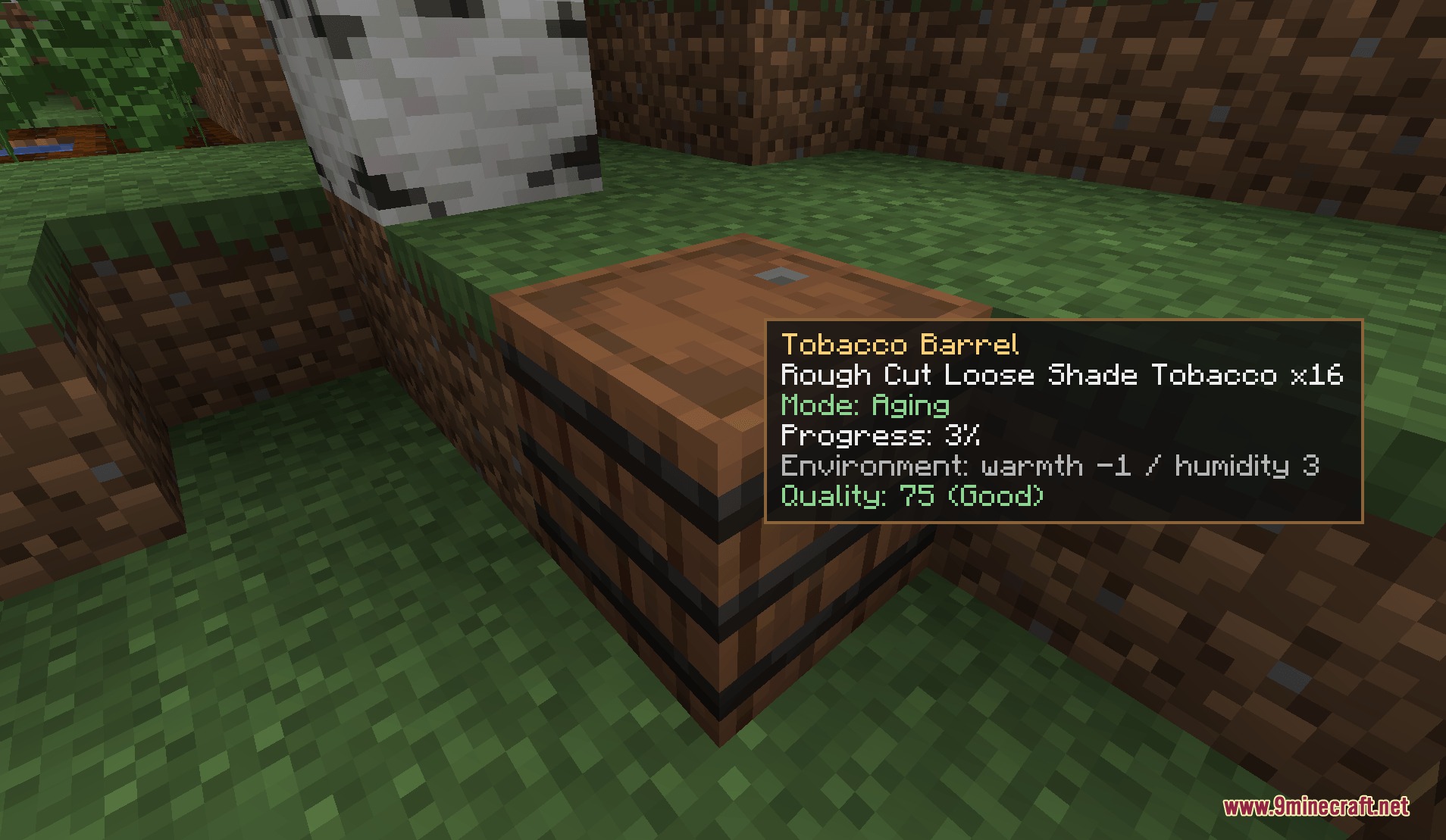 Tobacconist Mod Screenshot 3 A Tobacco Barrel block showing aging progress and quality in Minecraft