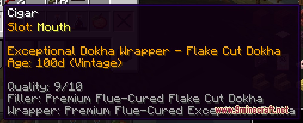 Tobacconist Mod Screenshot 4 Detailed tooltip for a vintage cigar item showing quality and components