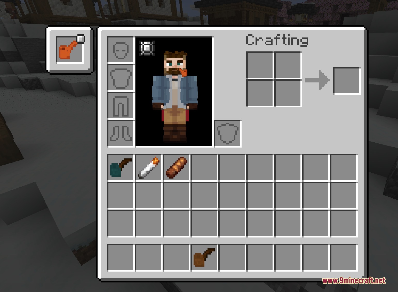 Tobacconist Mod Screenshot 5 Minecraft player character equipped with a smoking pipe from the Tobacconist Mod