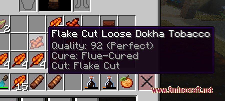 Tobacconist Mod Screenshot 6 Detailed item tooltip for flake cut tobacco showing quality and curing method