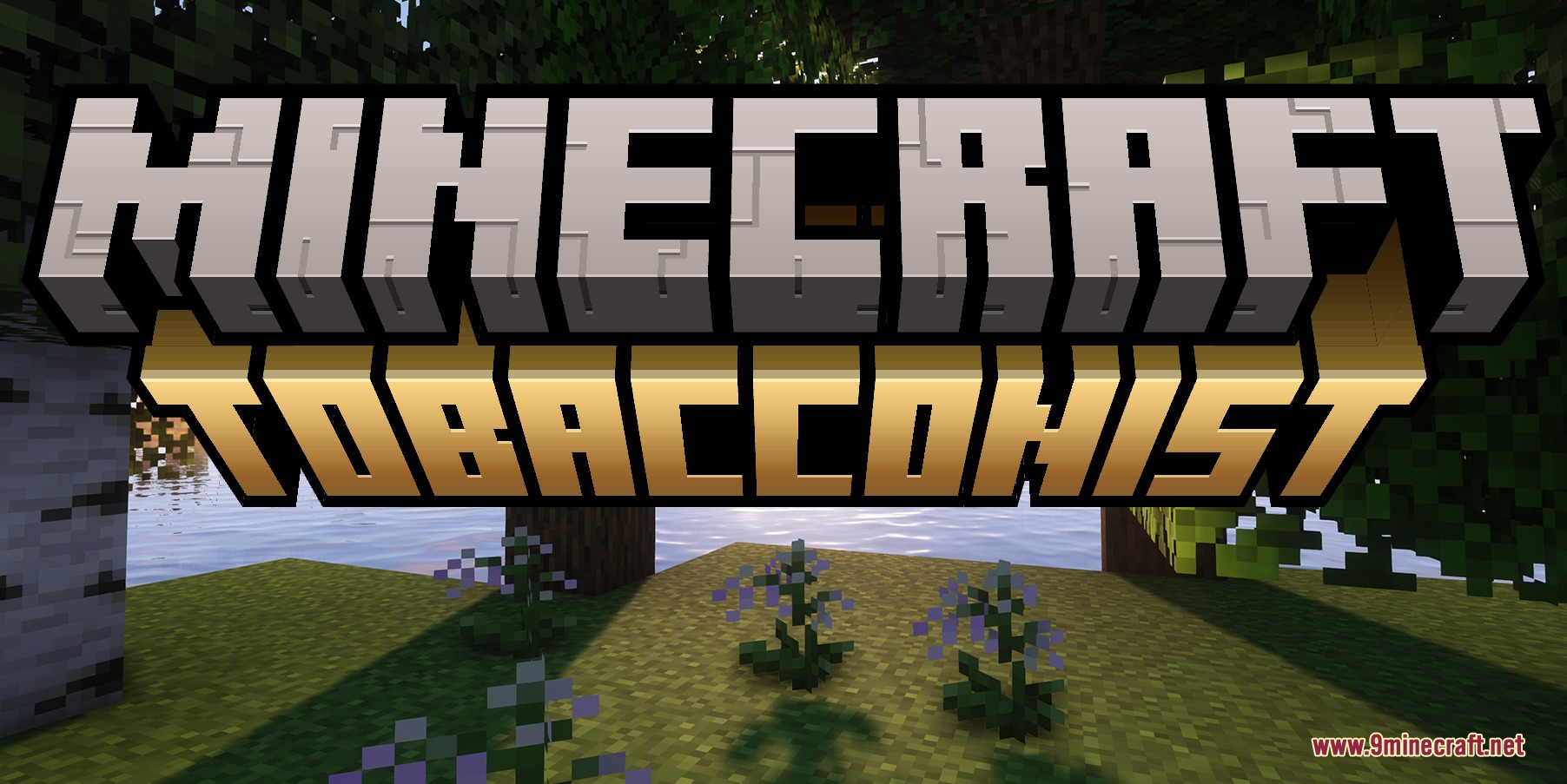 Tobacconist Mod Screenshot 8 The official logo for the Tobacconist mod over a scenic Minecraft landscape
