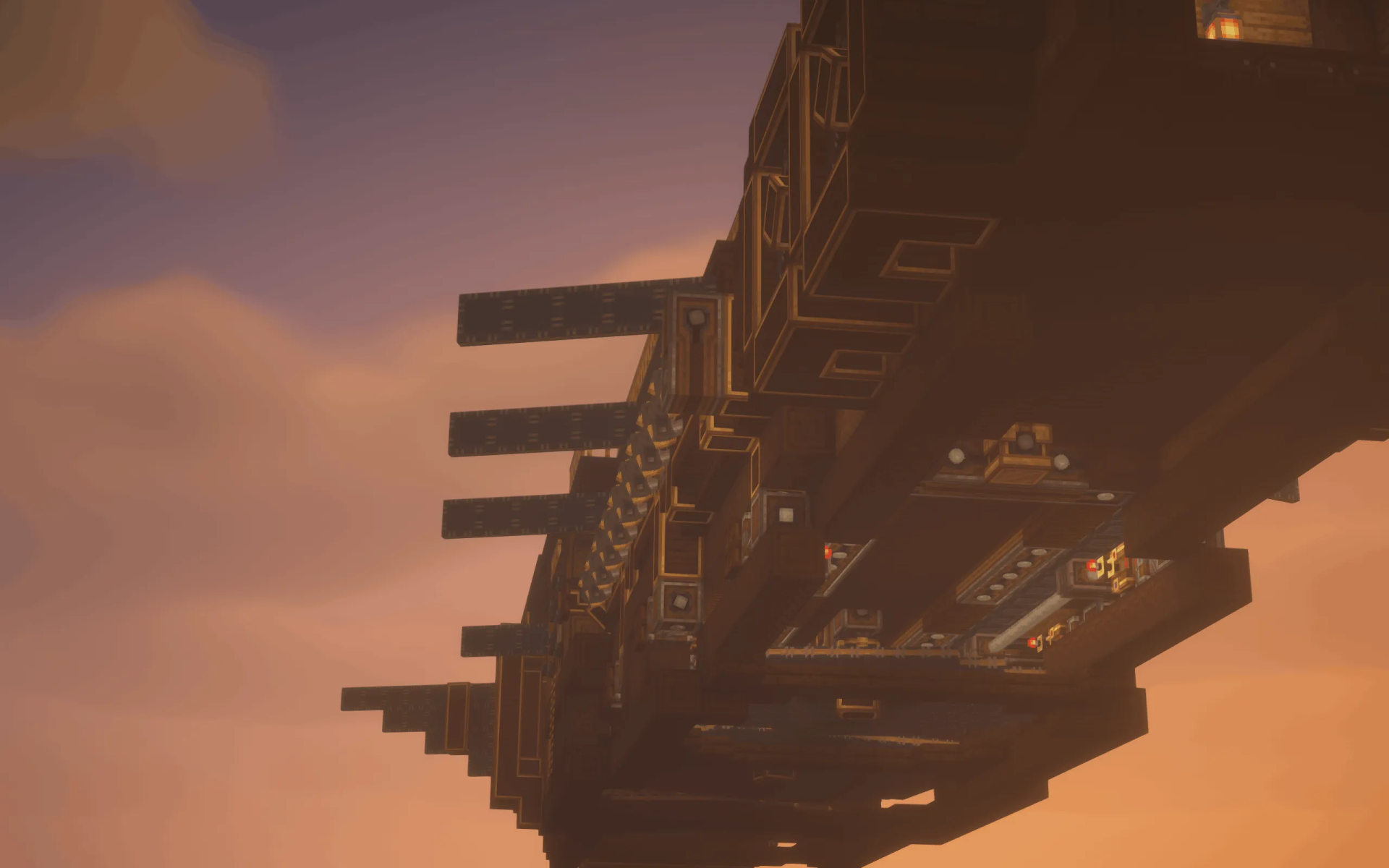 Toboggan Incarnate 365 M S Airship Schematic Screenshots 1 A massive steampunk airship with mechanical parts flying through a sunset sky