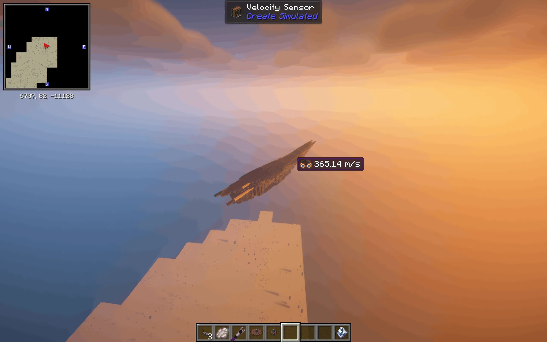 Toboggan Incarnate 365 M S Airship Schematic Screenshots 10 A massive airship flying at high speed over a desert landscape in Minecraft