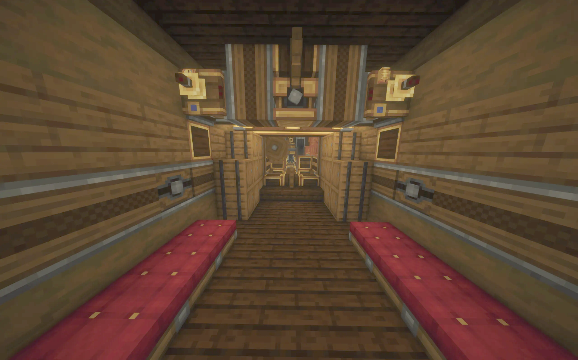 Toboggan Incarnate 365 M S Airship Schematic Screenshots 3 Detailed wooden hallway inside an airship with red seats and machinery