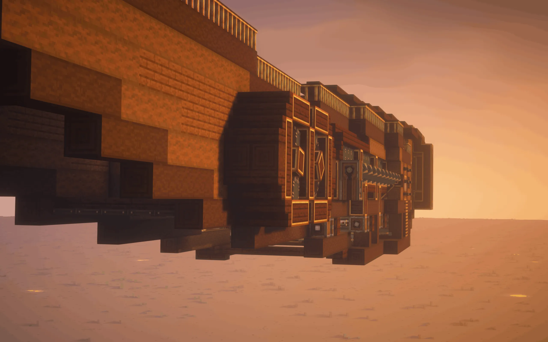 Toboggan Incarnate 365 M S Airship Schematic Screenshots 5 Exterior side view of a massive wooden airship flying over a desert