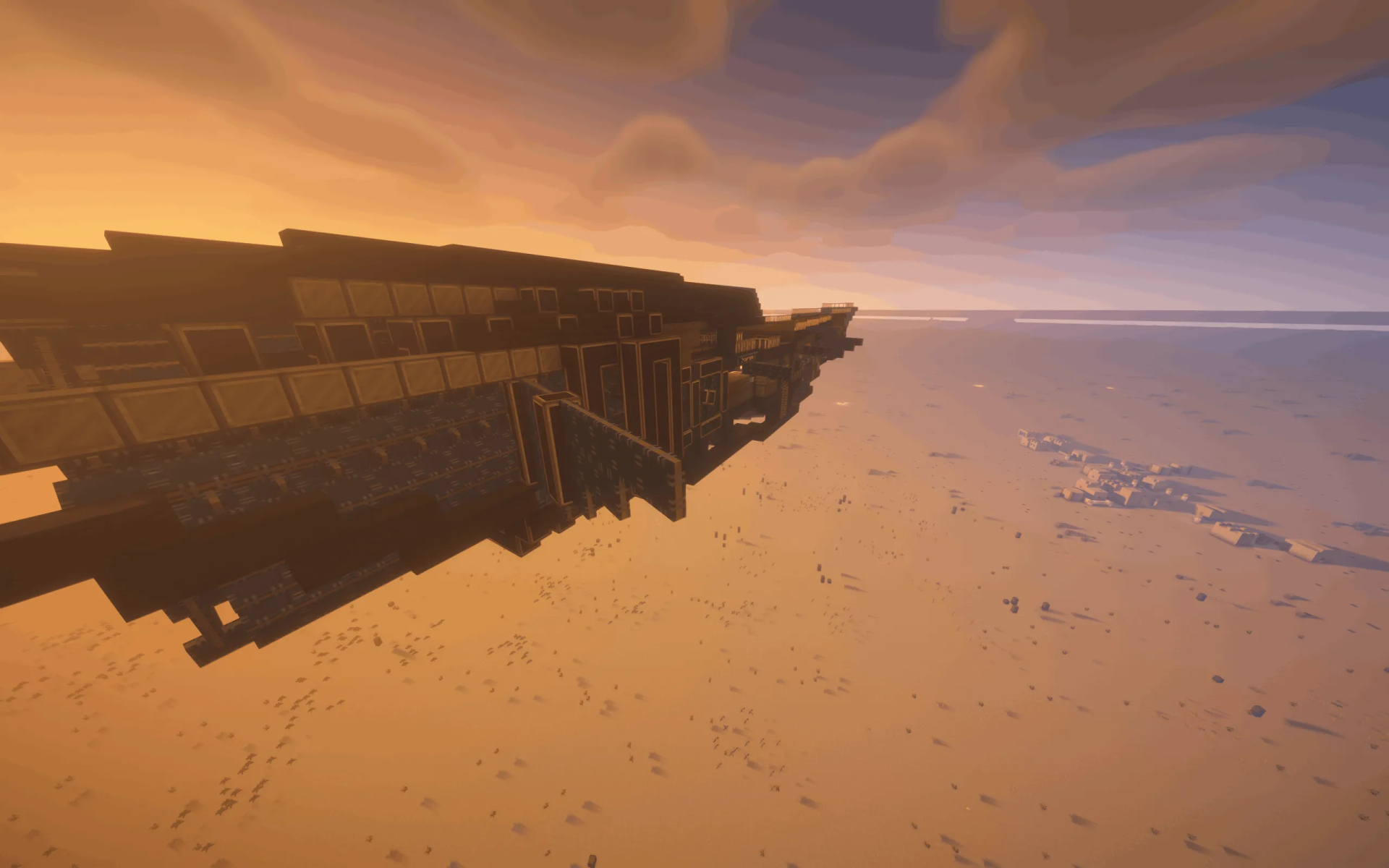 Toboggan Incarnate 365 M S Airship Schematic Screenshots 7 A massive steampunk airship flying over a vast desert landscape at sunset