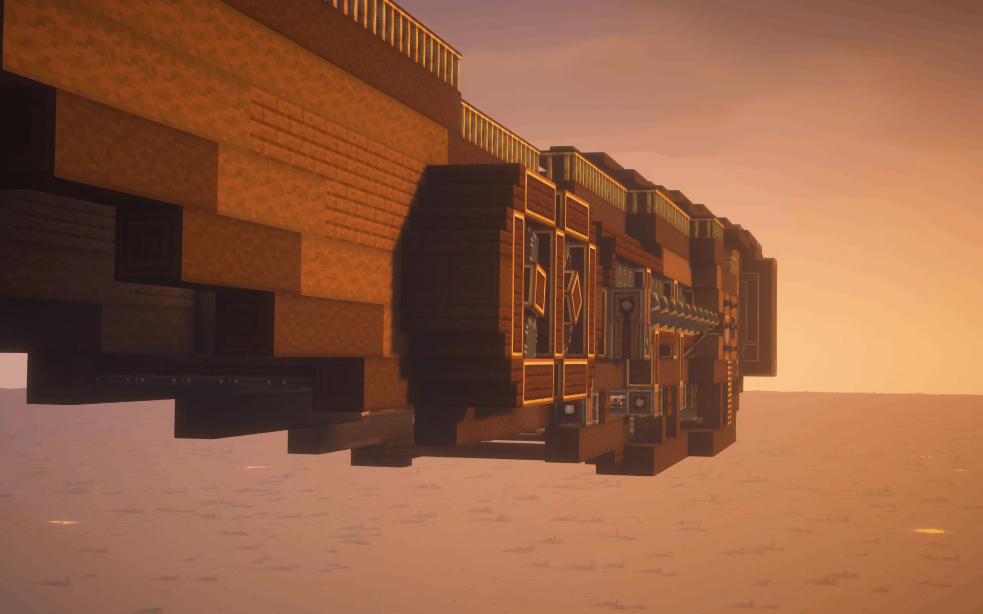Toboggan Incarnate 365 M S Airship Schematic Screenshots 8 The Toboggan Incarnate airship flying over a vast desert during a golden sunset