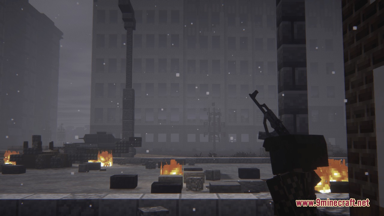 Tokarevs 1st Chechen War Pack 1994 1996 Resource Pack Screenshot 1 A Minecraft soldier holding an assault rifle in a foggy destroyed city
