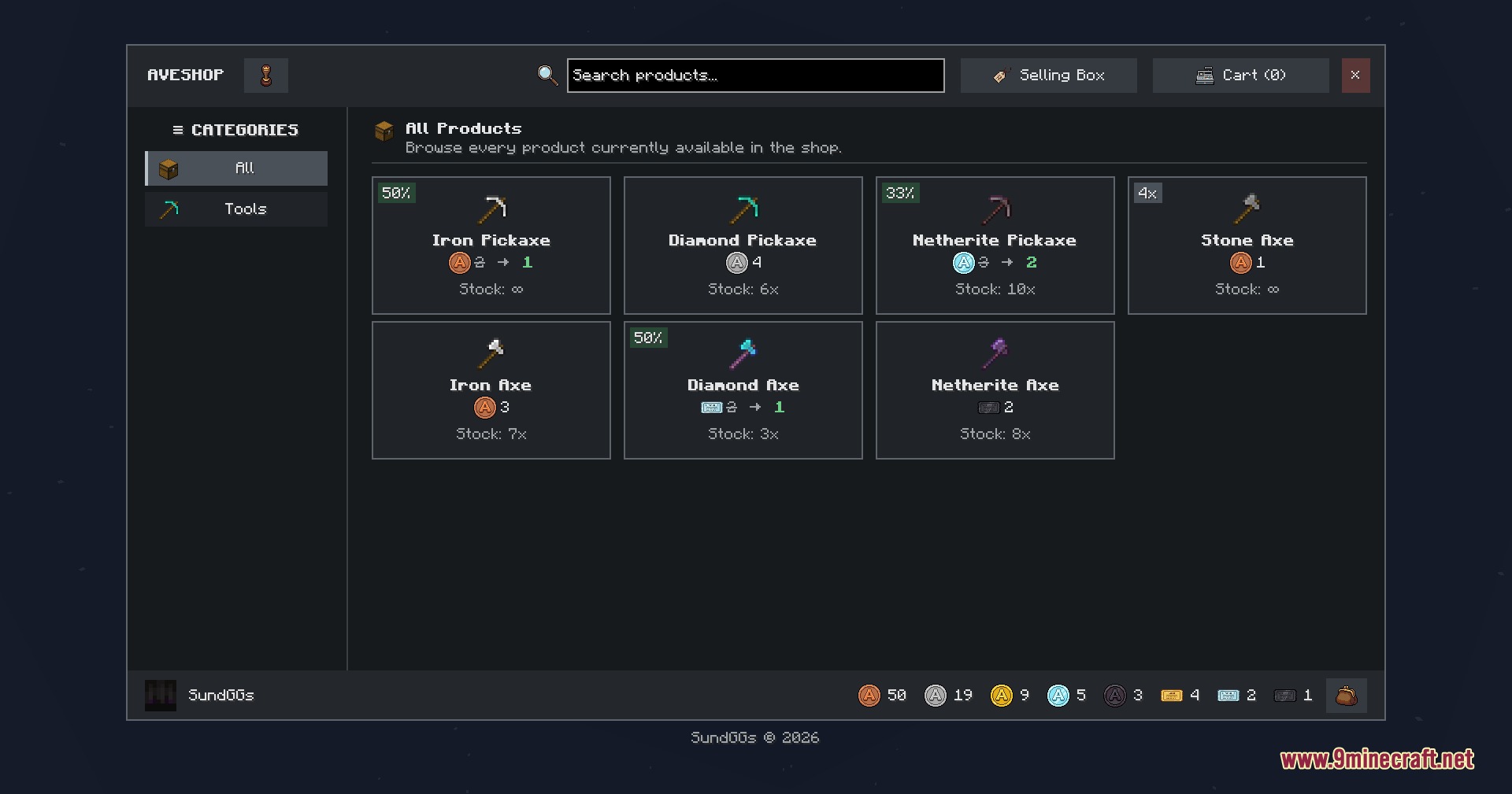 Token Ledger Pocket Mod features a custom shop interface for trading various tools