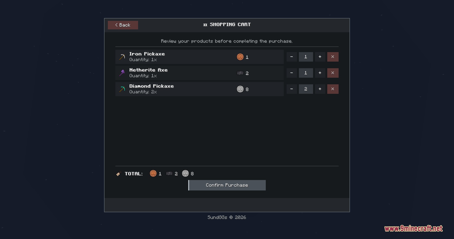 The shopping cart menu displays selected items and the total cost in coins