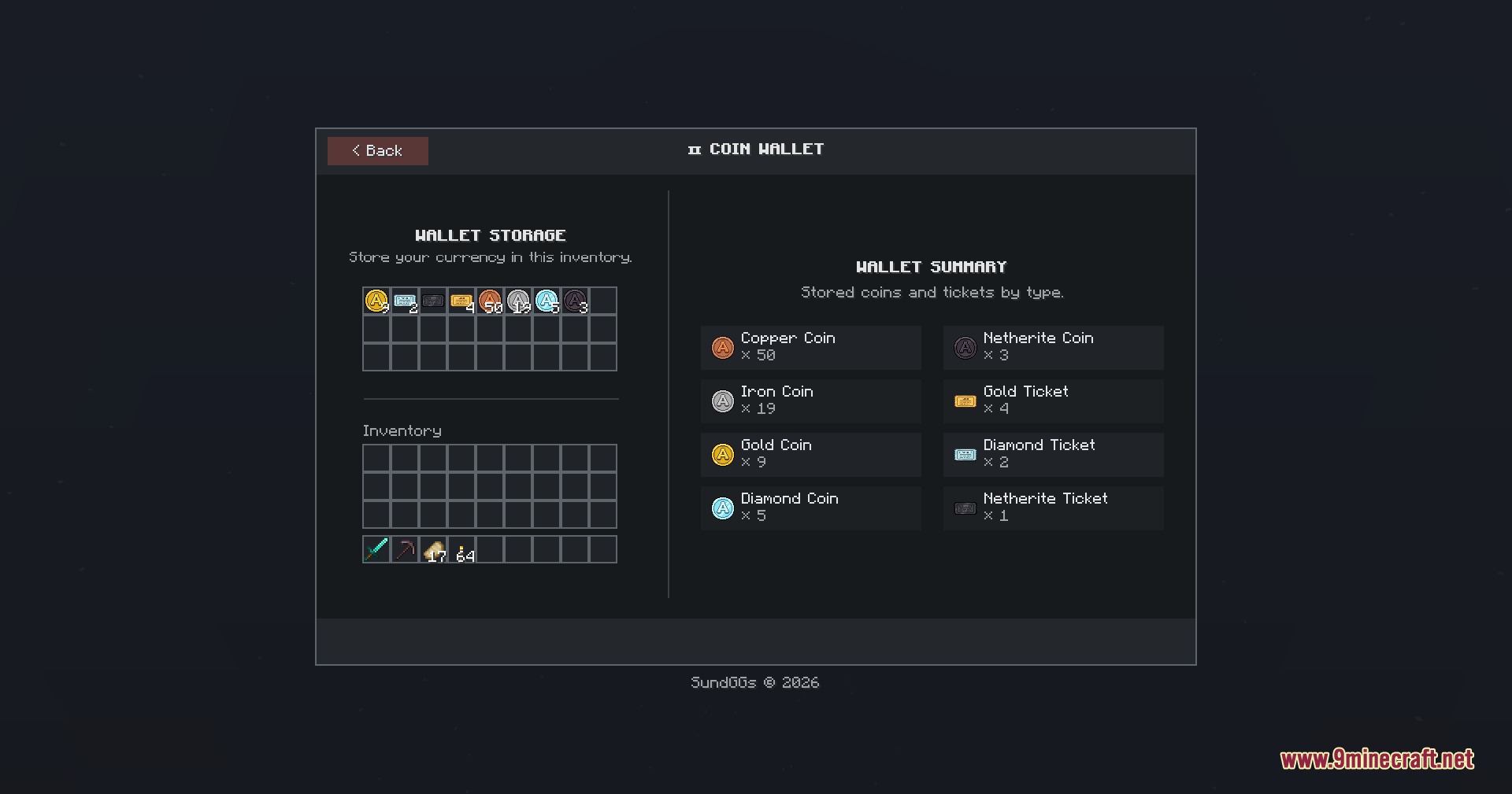 Token Ledger Pocket Mod coin wallet interface showing stored currency and summary