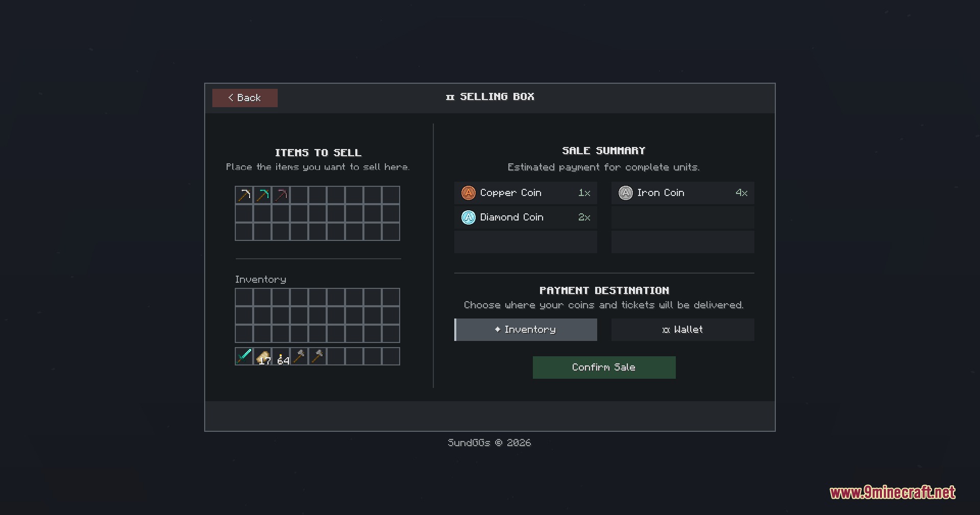 Minecraft selling box menu for exchanging inventory items for various coins