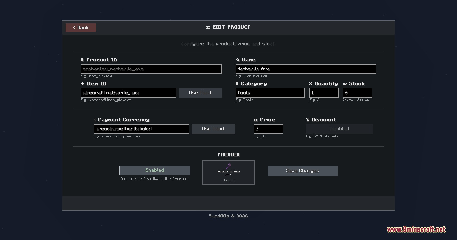 Editing product details for a netherite axe in the shop menu