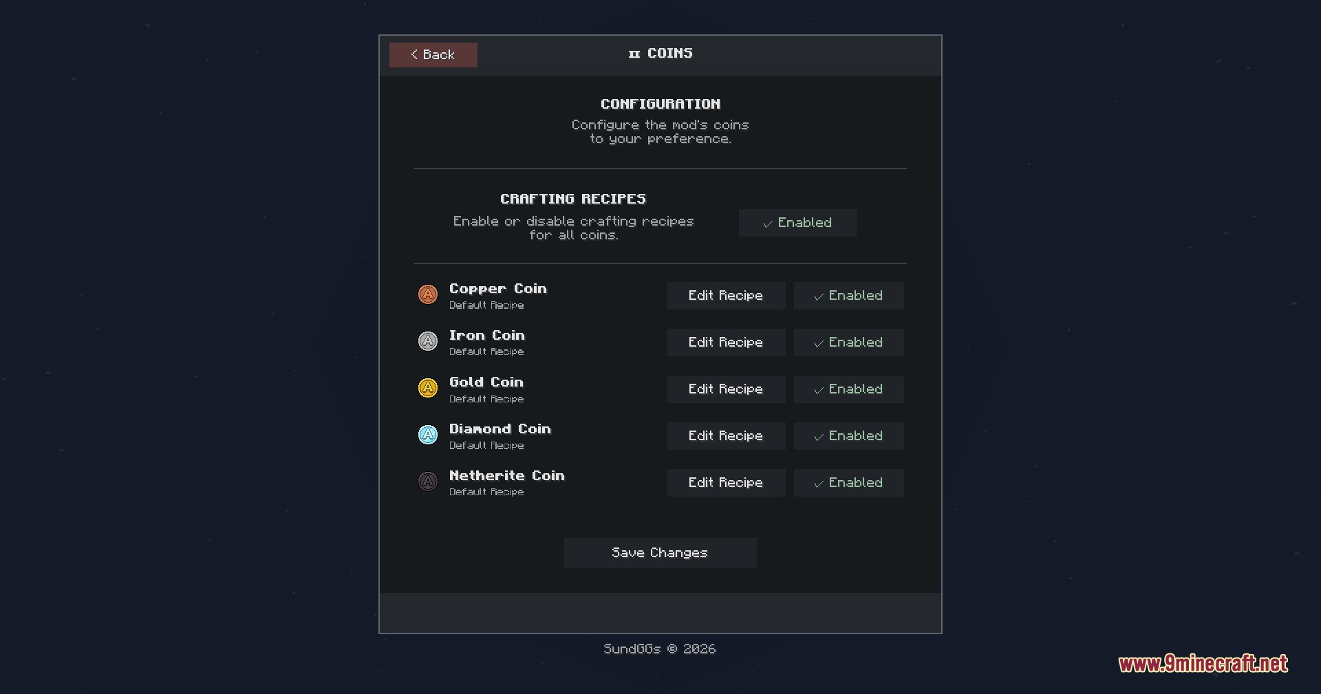 Managing crafting recipes for various currency coins in the configuration screen