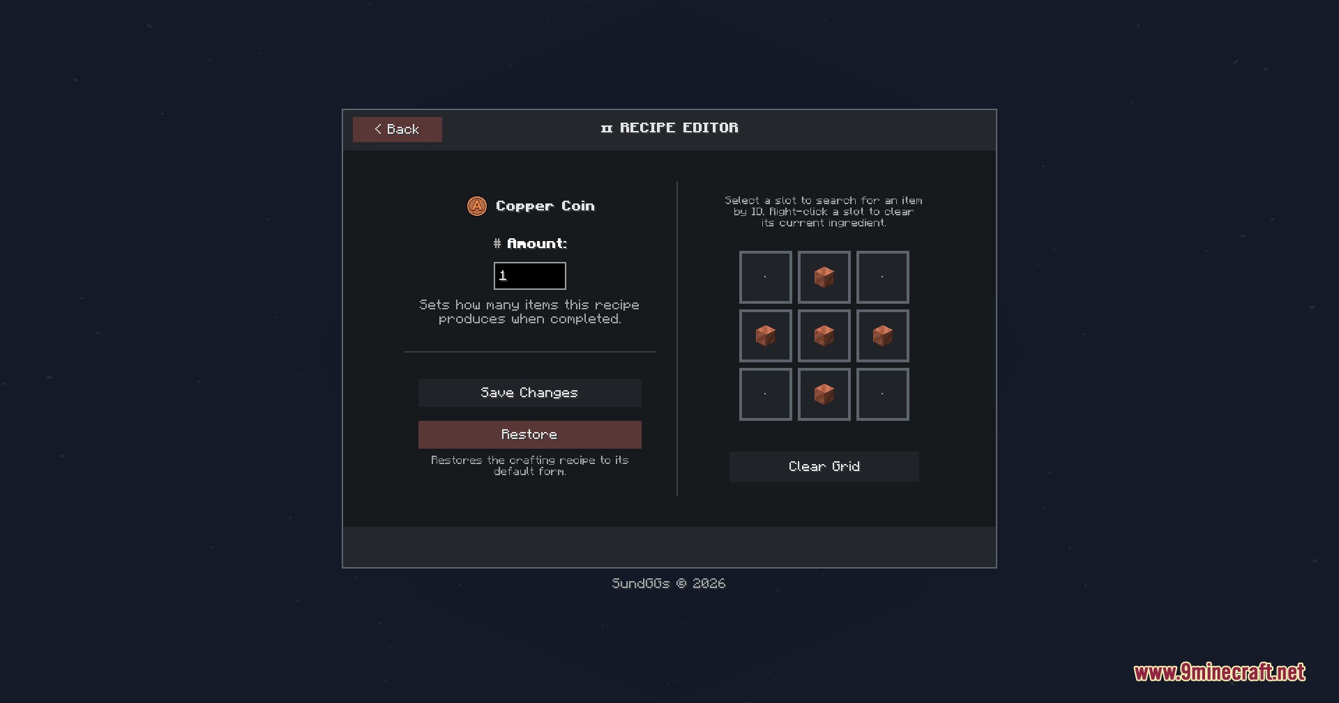A recipe editor interface showing the crafting recipe for a copper coin item
