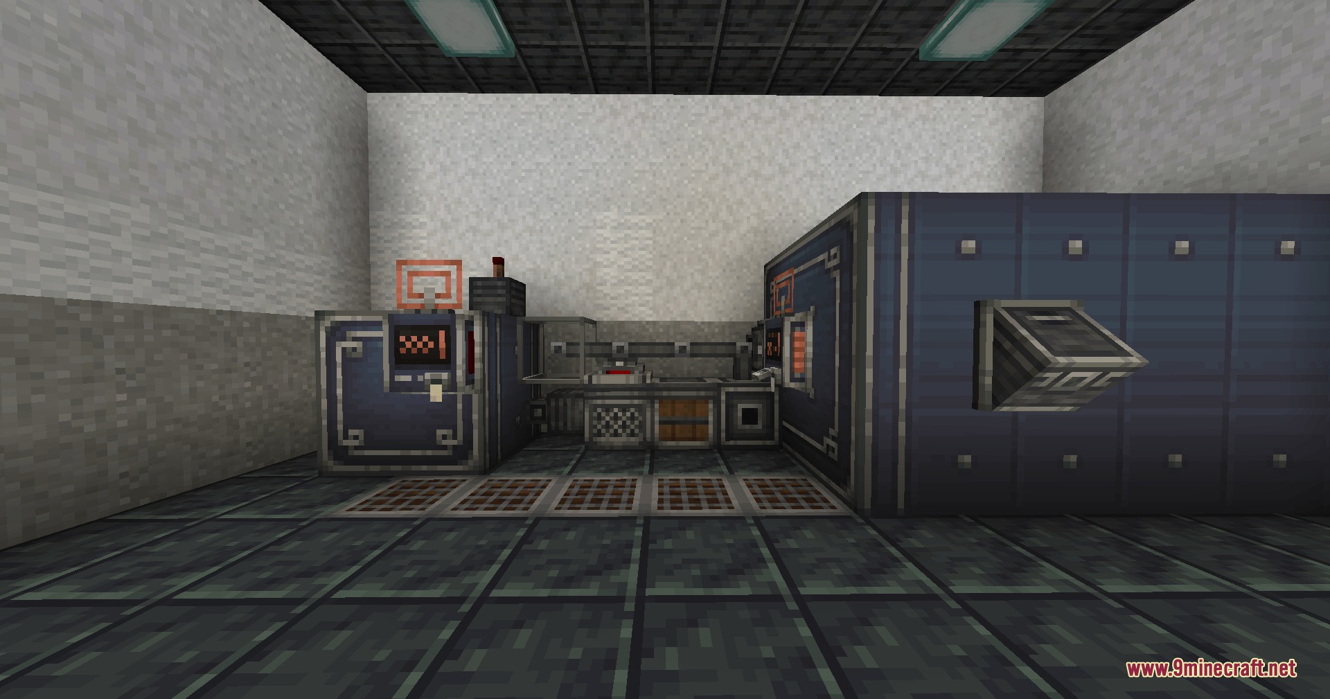 Industrial storage blocks with mechanical designs placed inside a grey concrete room