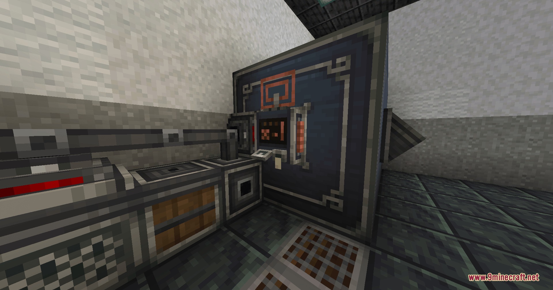 Detailed view of a storage terminal with brass and copper mechanical textures