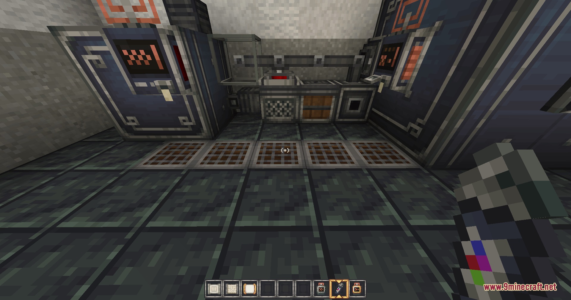 Mechanical storage terminals and cables with brass and copper accents in a room