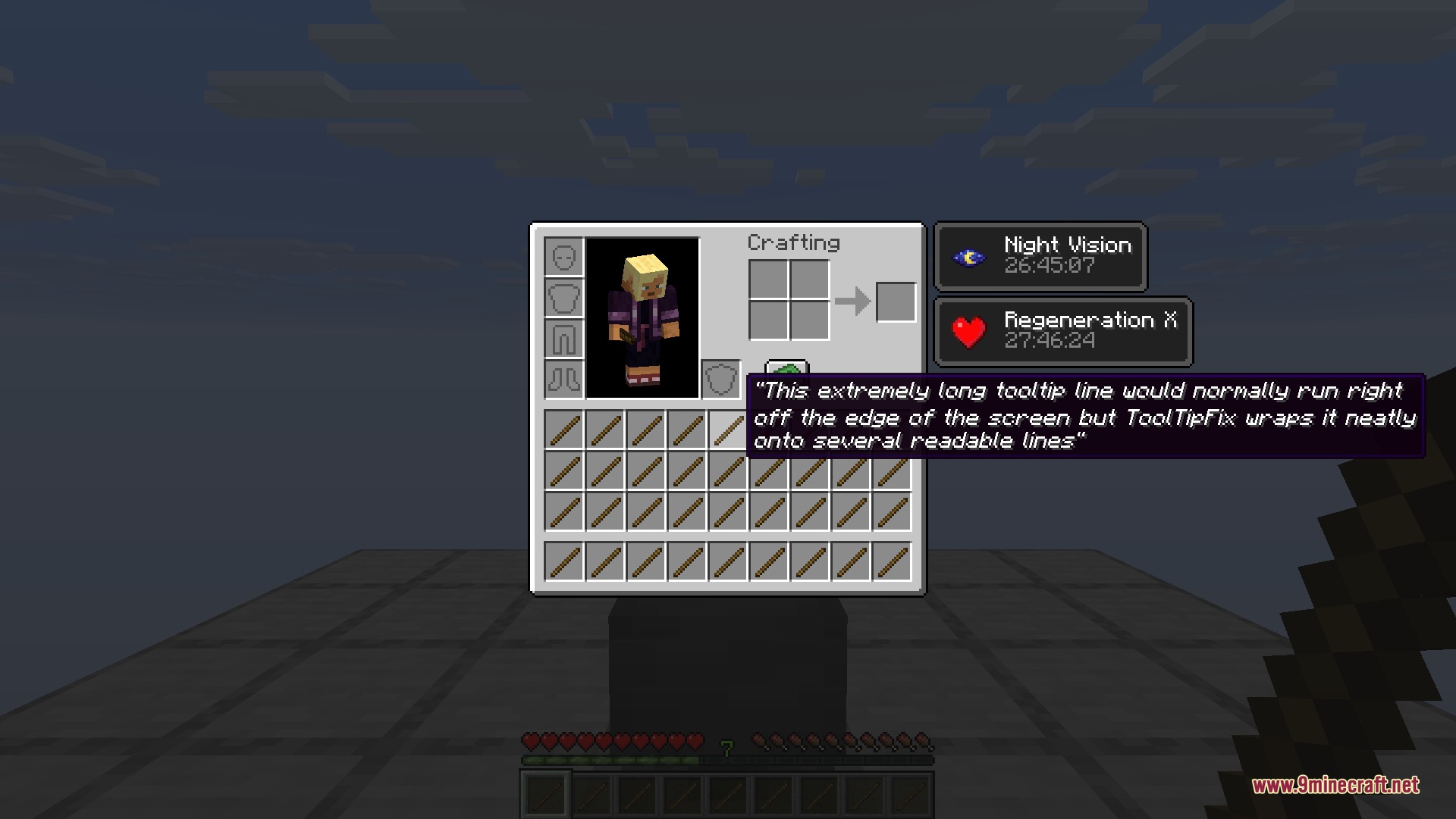 Minecraft inventory screen showing a long tooltip wrapped into multiple clear lines