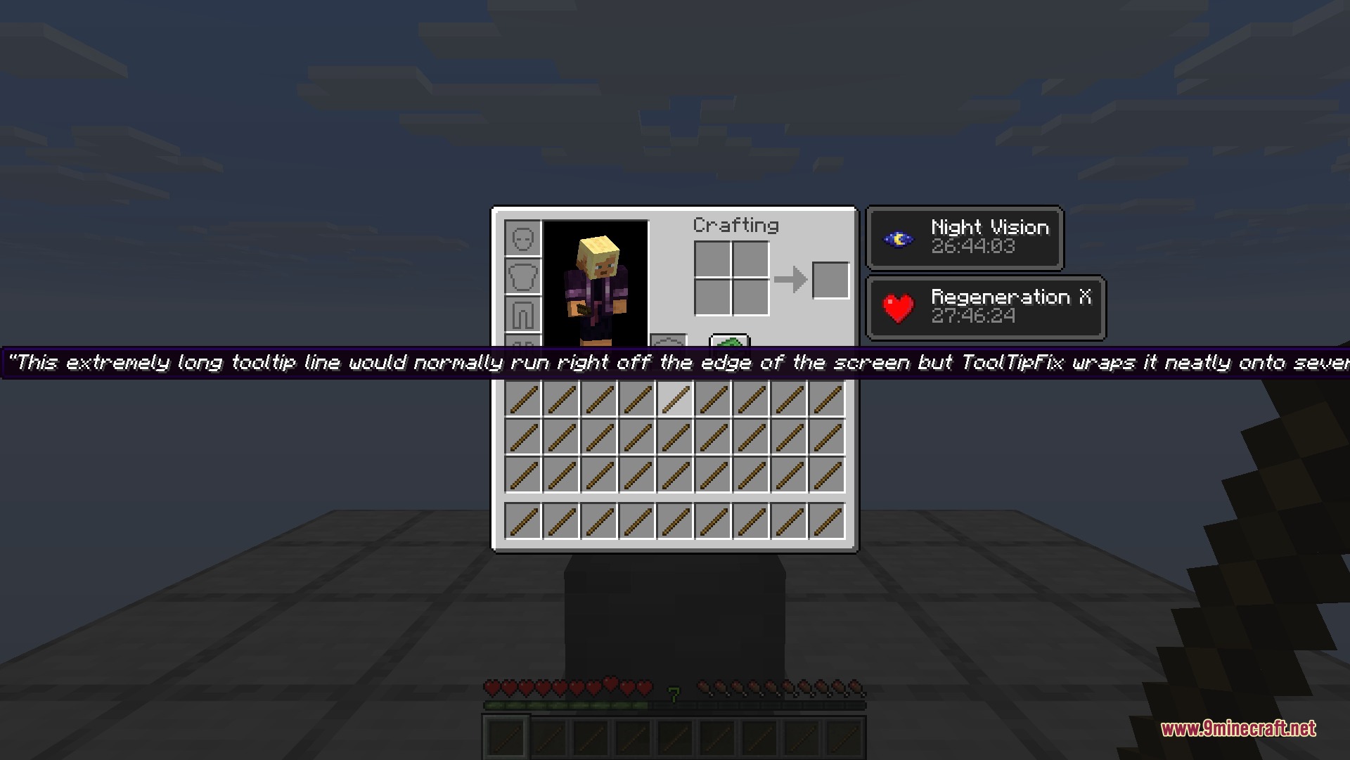 A player viewing an extremely long tooltip line in the Minecraft inventory screen