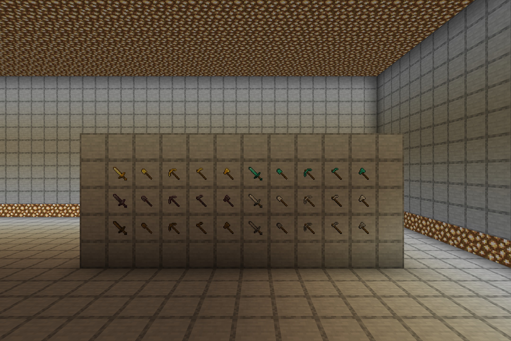 Tools 3D - Heycronus Resource Pack Screenshot 1 A wooden wall displaying Tools 3D Heycronus items with thick models