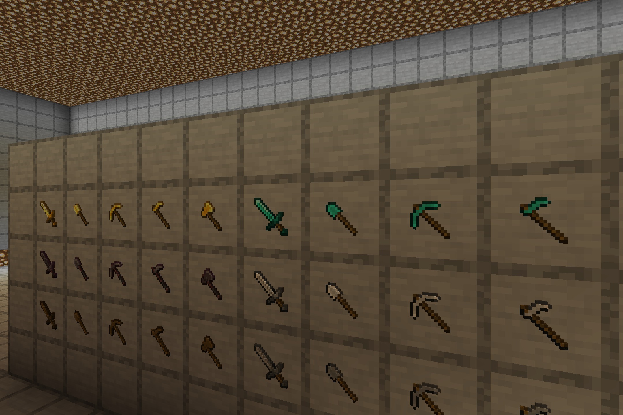Tools 3D - Heycronus Resource Pack Screenshot 5 A wooden wall covered in item frames displaying various 3D tools