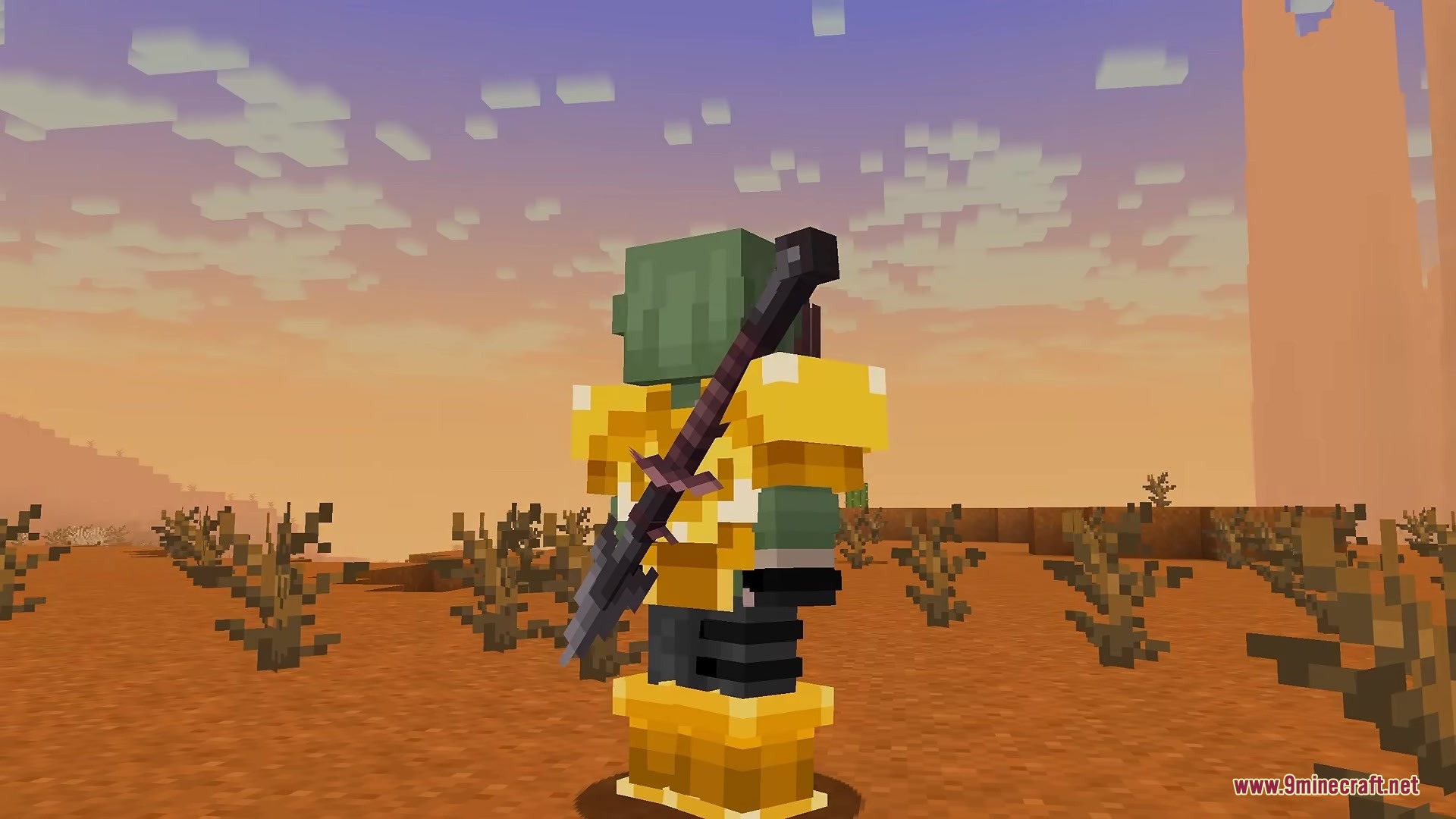 Tools on My Back TOMB Mod Screenshot 2 Minecraft character in gold armor with a dark spear on its back