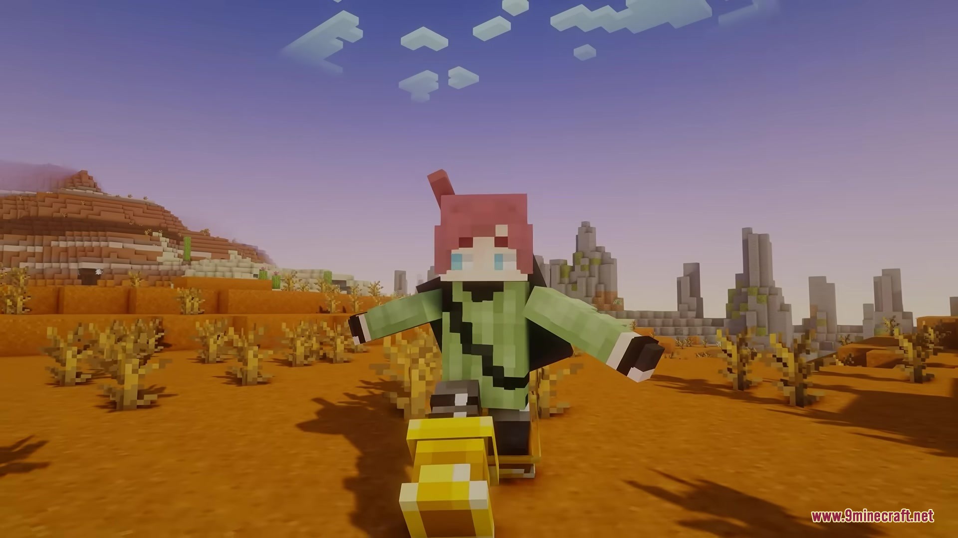 Tools on My Back TOMB Mod Screenshot 3 Minecraft character with pink hair riding a yellow vehicle in a desert biome